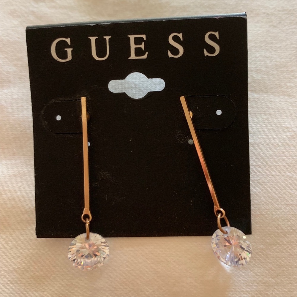 GUESS Linear Gold Drop Earrings with Crystals NEW